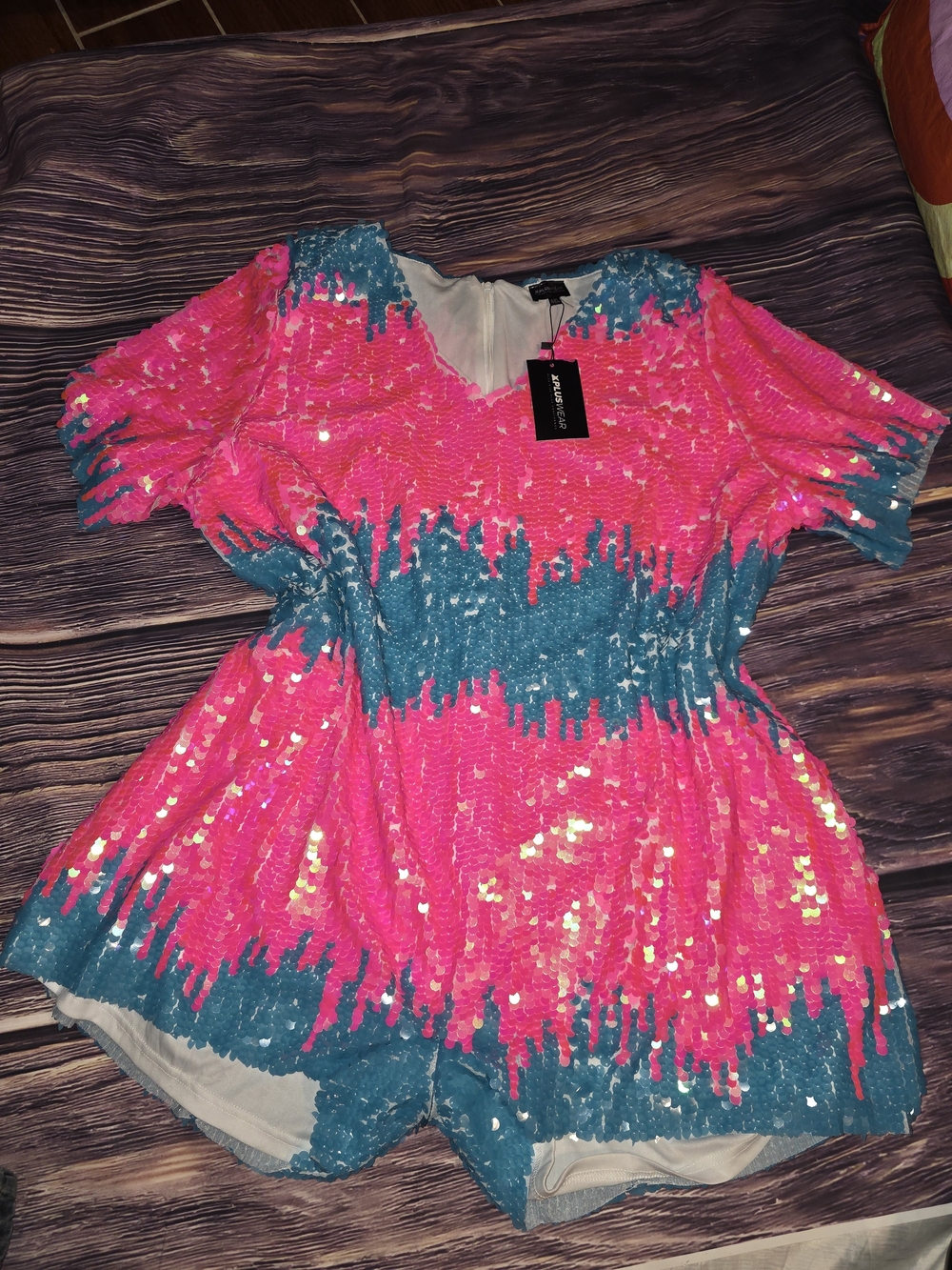Sequin Pink & Teal V-Neck Romper
